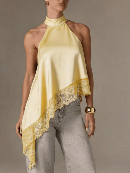 Elegant Satin Halter Top for Women with High Neck Sleeveless Lace Trim Asymmetric Flowing Style