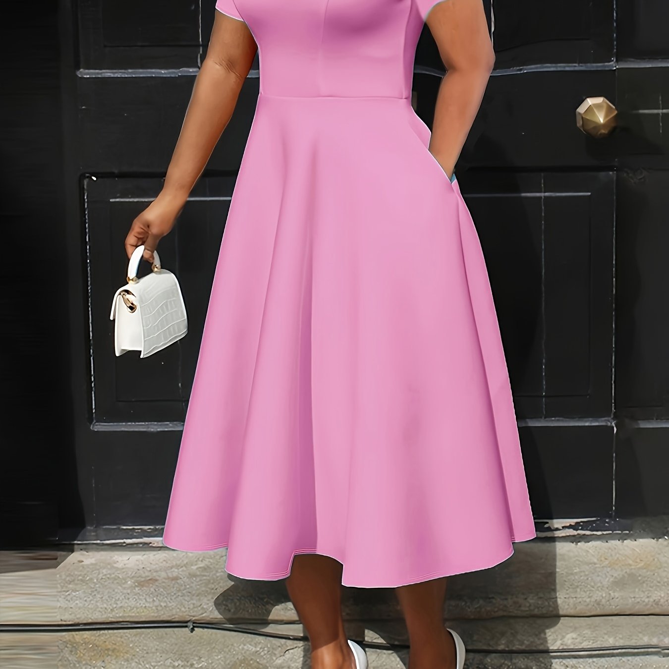 Plus Size - Plus Size - TB6513 Solid Waist-Defining Elegant Fashion Short Sleeve Dress