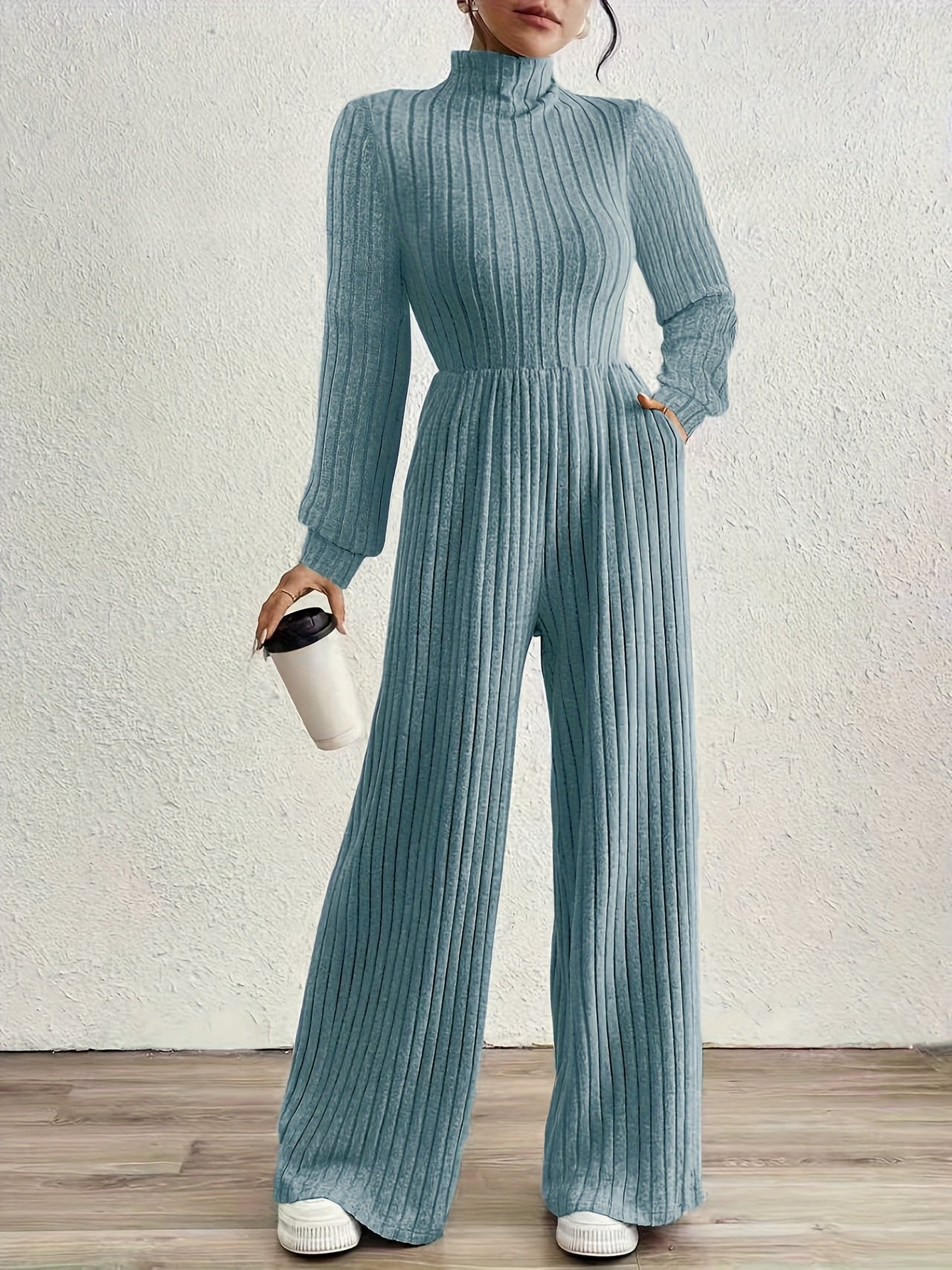 Comfortable Ribbed Knit Wide Leg Jumpsuit for Women with High Neck Long Sleeve Relaxed Pocket Style