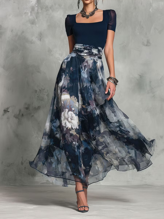 Elegant Blue Floral Two Piece Set for Women with Square Neck Short Sleeve Sash Waist Flowing Style