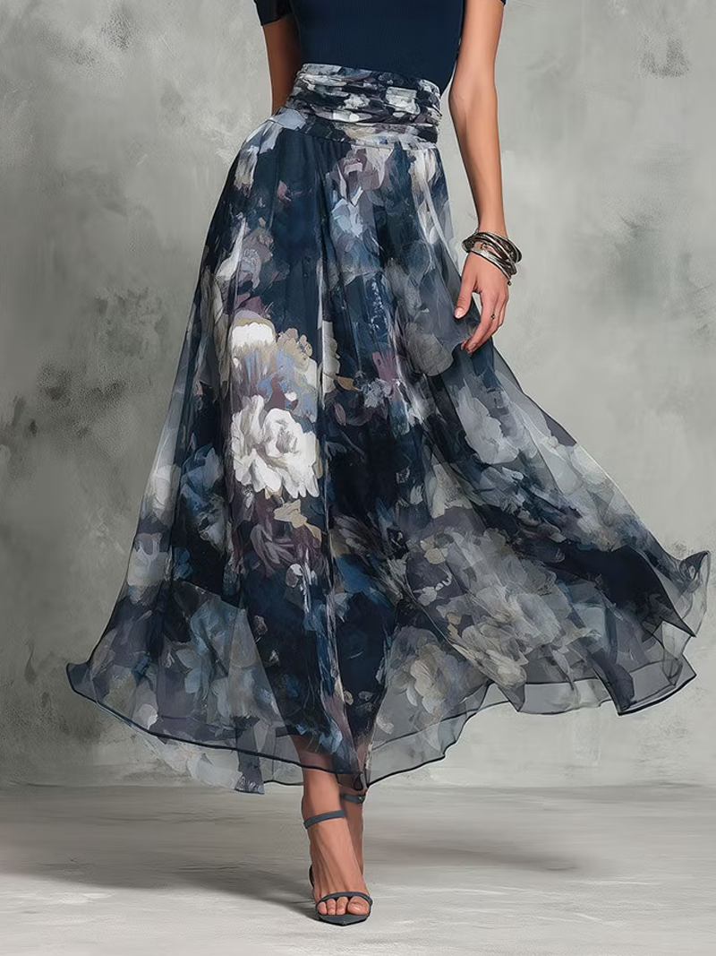 Elegant Blue Floral Two Piece Set for Women with Square Neck Short Sleeve Sash Waist Flowing Style