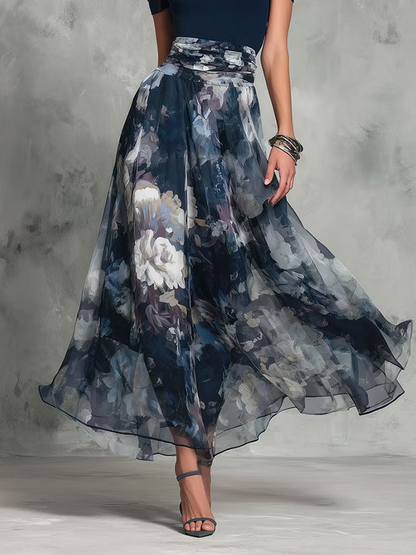 Elegant Blue Floral Two Piece Set for Women with Square Neck Short Sleeve Sash Waist Flowing Style