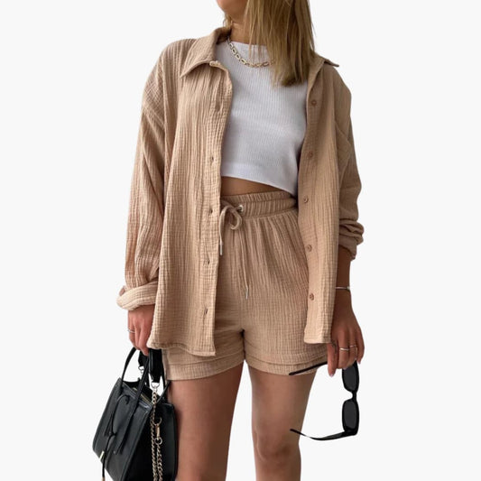 Effortless Crinkle Cotton Two Piece Set for Women with Collared Button Front Drawstring Shorts Relaxed Style