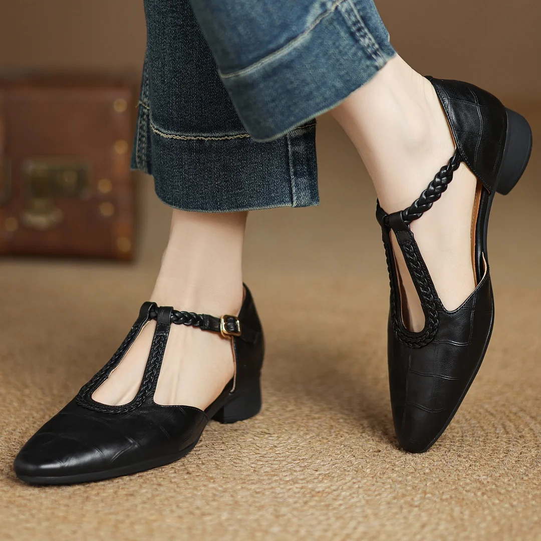 Elegant Croc Embossed Leather T-Strap Flats for Women with Pointed Toe Braided Strap Block Heel Style