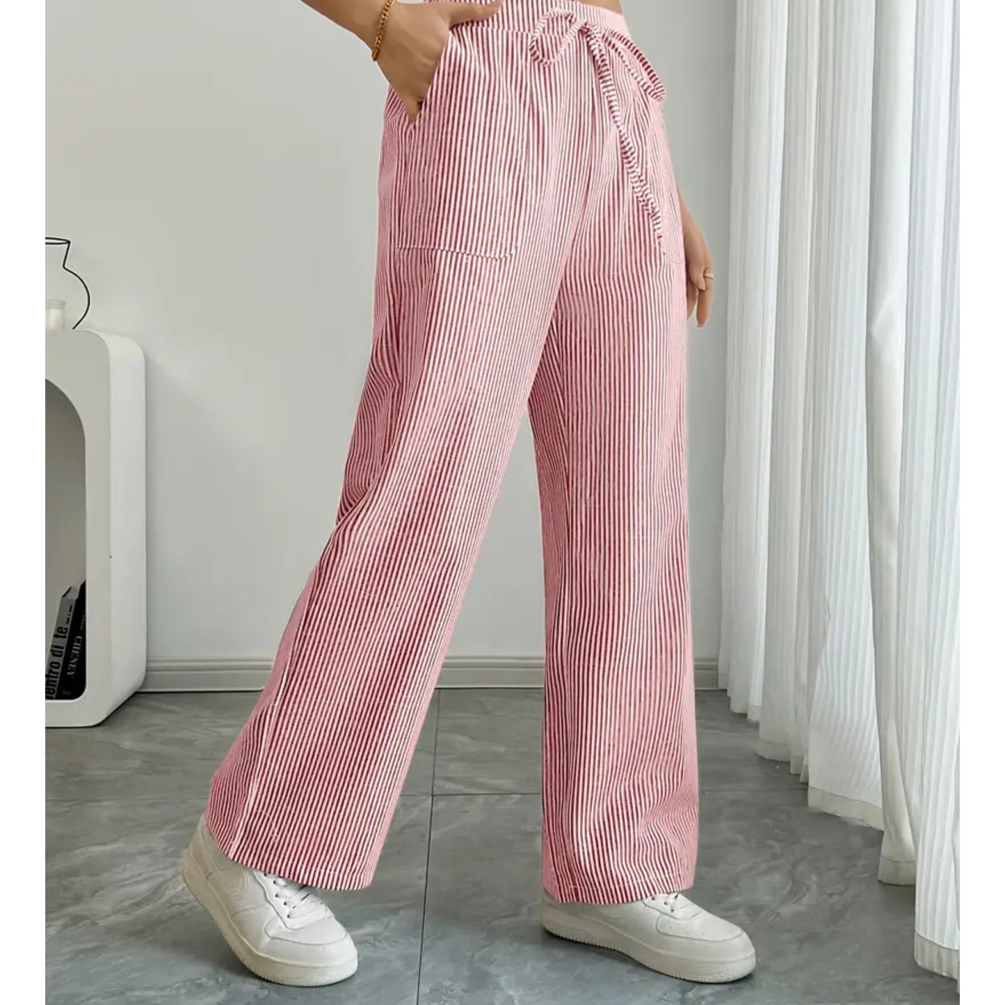 Effortless Striped Wide Leg Pants for Women with High Waist Drawstring Relaxed Casual Style