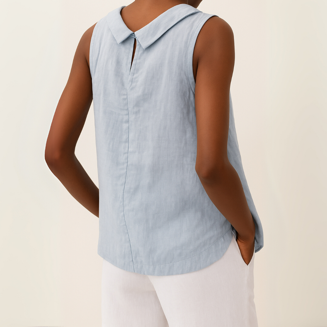 Effortless Linen Blouse for Women with Draped Collar Sleeveless Curved Hem Casual Style