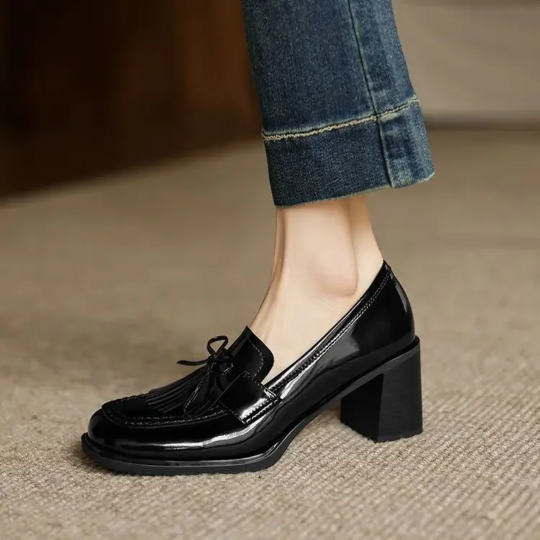 Elegant Patent Leather Tassel Loafer for Women with Block Heel Bow Fringe Detail Classic Style