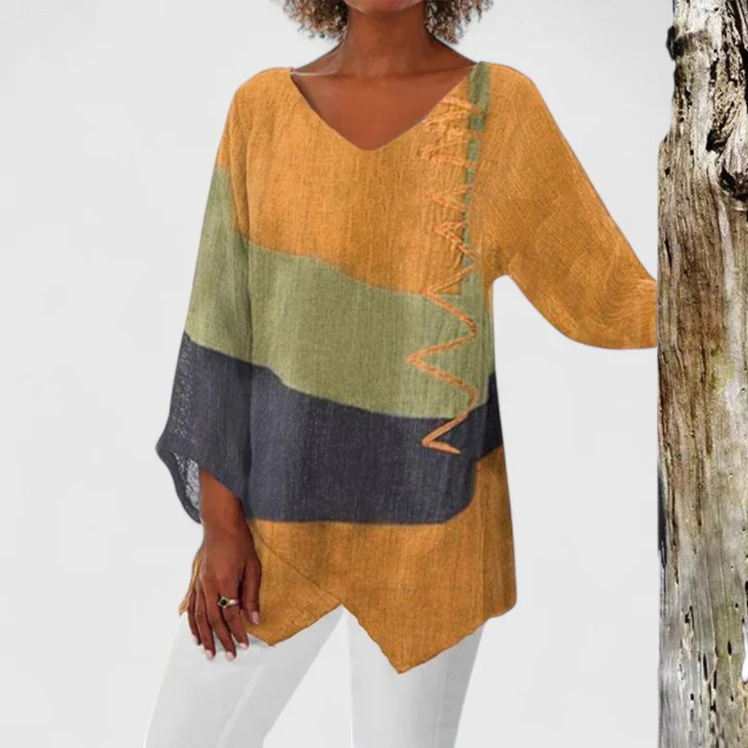 Effortless Colorblock Linen Tunic for Women with V Neck Batwing Sleeve Asymmetrical Hem Bohemian Style