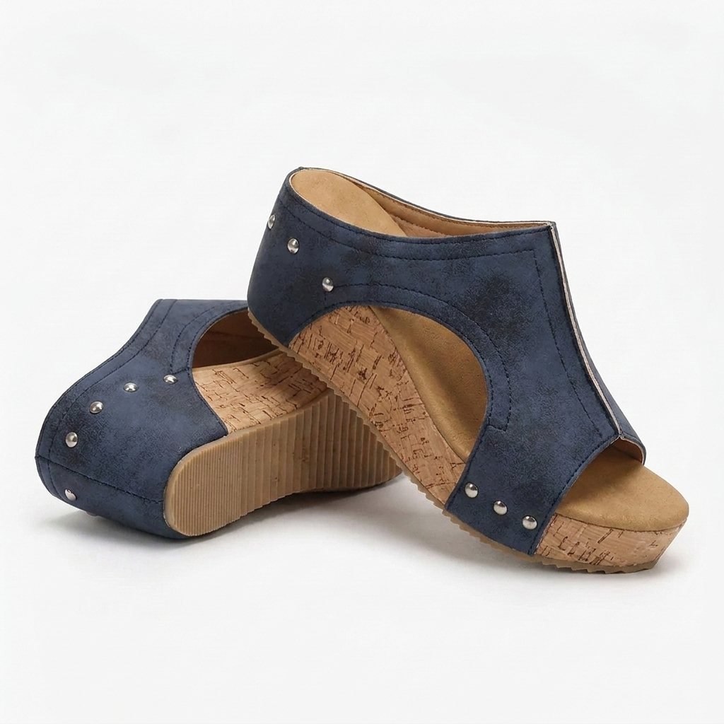 Comfortable Wedge Sandals for Women with Studded T Strap Cork Platform Peep Toe Slide Style