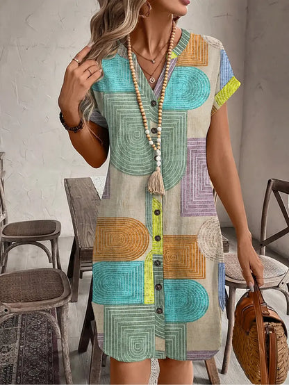 Effortless Multicolor Geometric Print Shirt Dress for Women with Collar Short Sleeve Button Front Boho Style