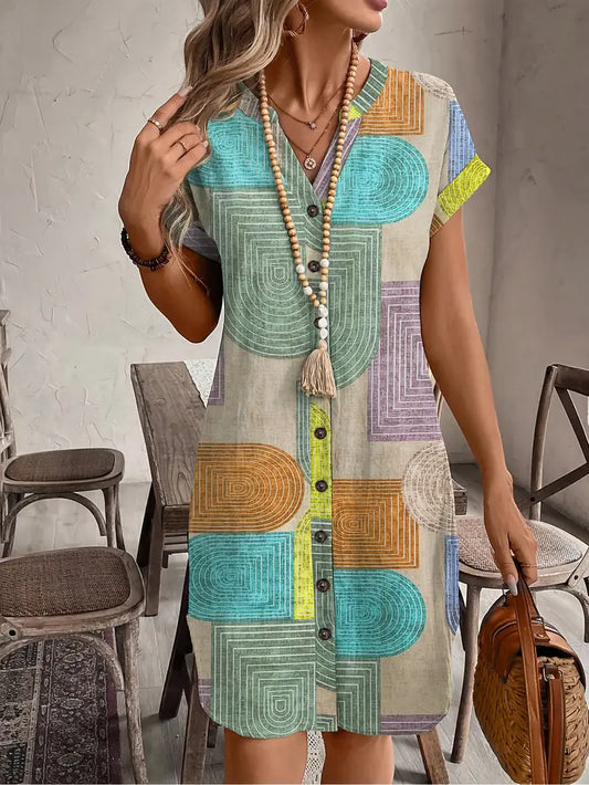 Effortless Multicolor Geometric Print Shirt Dress for Women with Collar Short Sleeve Button Front Boho Style