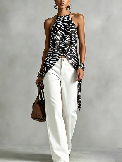 Women'S Summer Elegant Off-Shoulder Brown Zebra Print Chiffon Halter Top