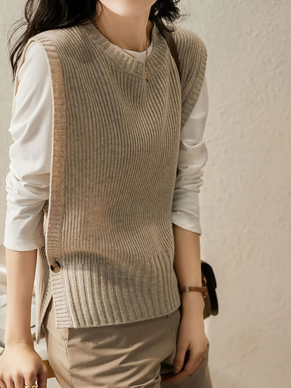 Comfortable Ribbed Sweater Vest for Women with Crew Neck Sleeveless Oversized Knit Style