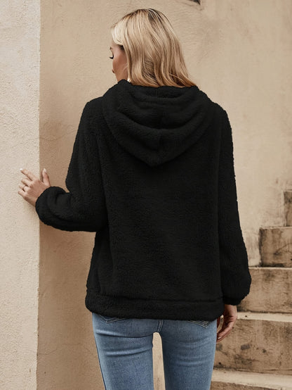 Solid Color Teddy Hoodie, Casual Long Sleeve Drawstring Hooded Sweatshirt, Women'S Clothing