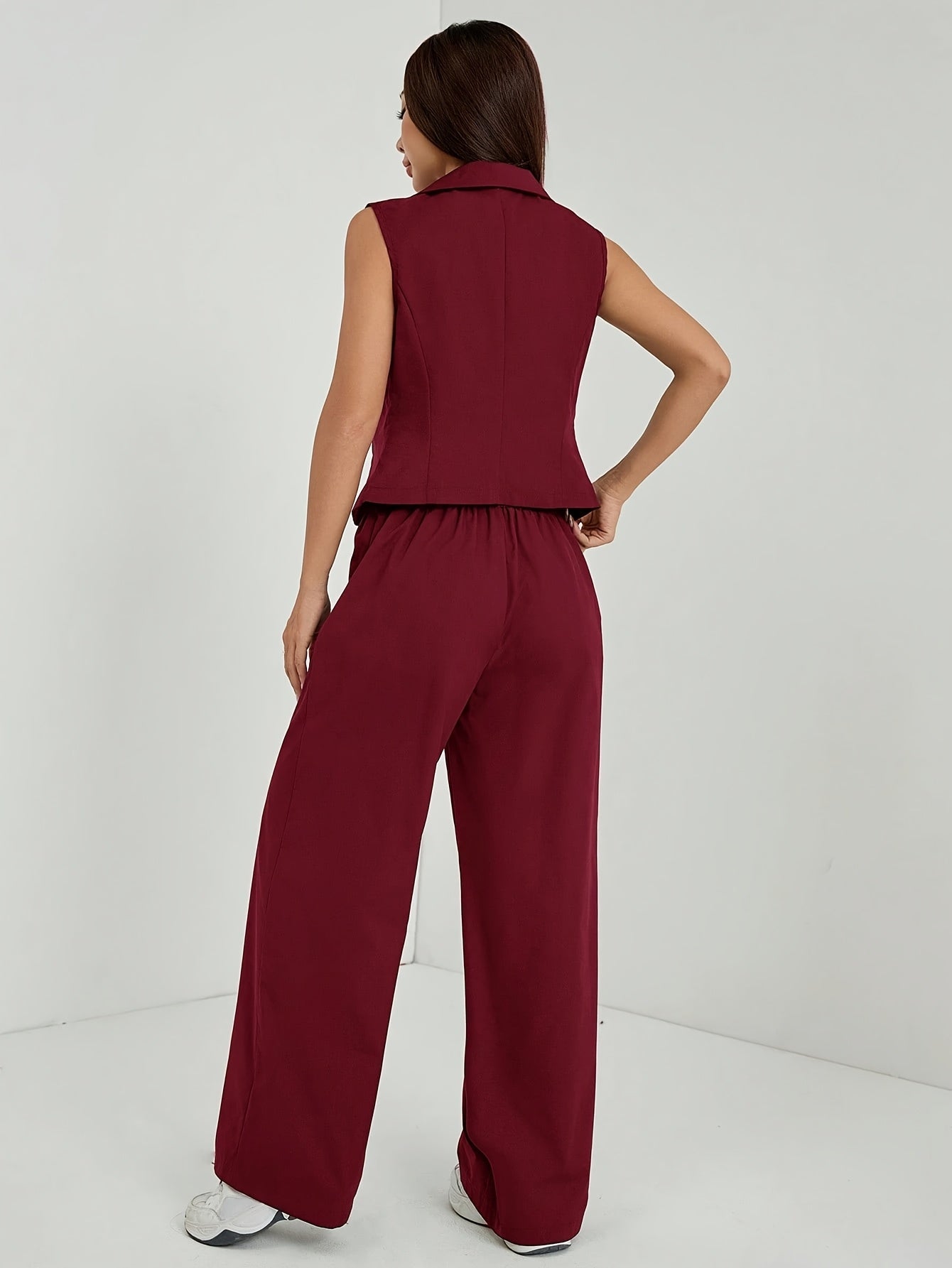 Effortless Navy Blue Two Piece Set for Women with Lapel Collar Sleeveless Vest Wide Leg Pant Casual Style