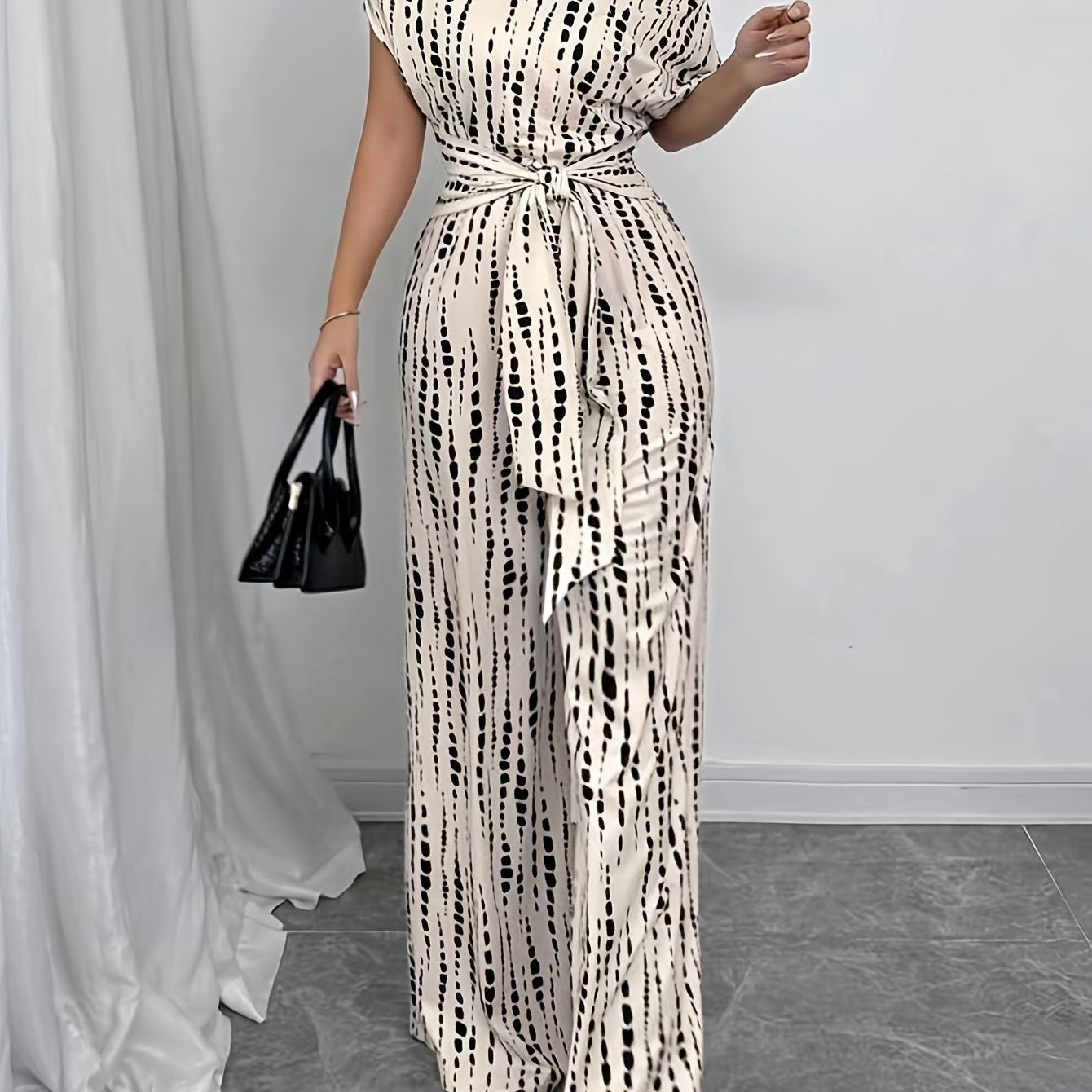 Elegant Apricot Printed Jumpsuit for Women with One Shoulder Short Sleeve Tie Waist Wide Leg Flowing Style