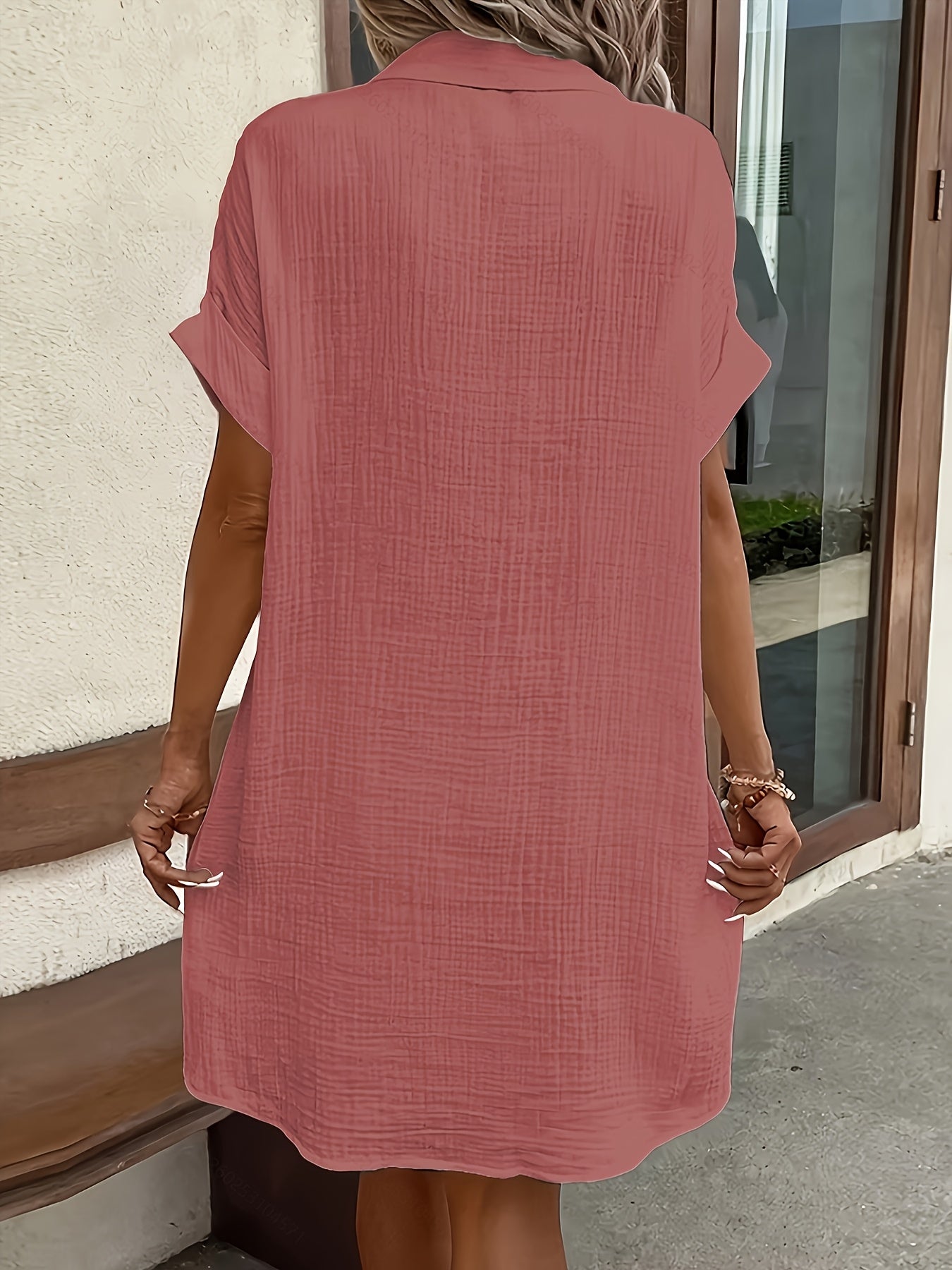 Effortless Textured Shirt Dress for Women with Collar Short Sleeve Button Front Relaxed Casual Style