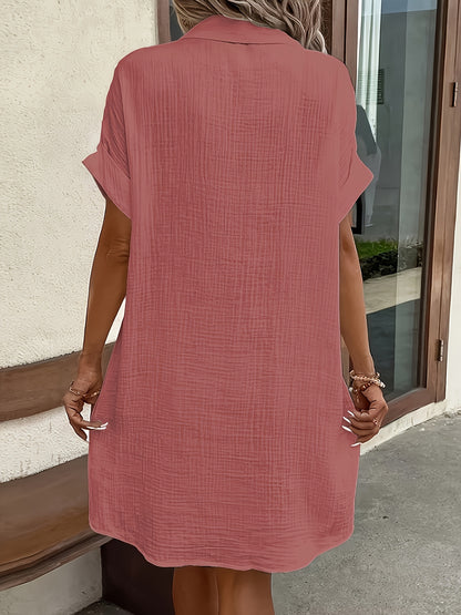 Effortless Textured Shirt Dress for Women with Collar Short Sleeve Button Front Relaxed Casual Style