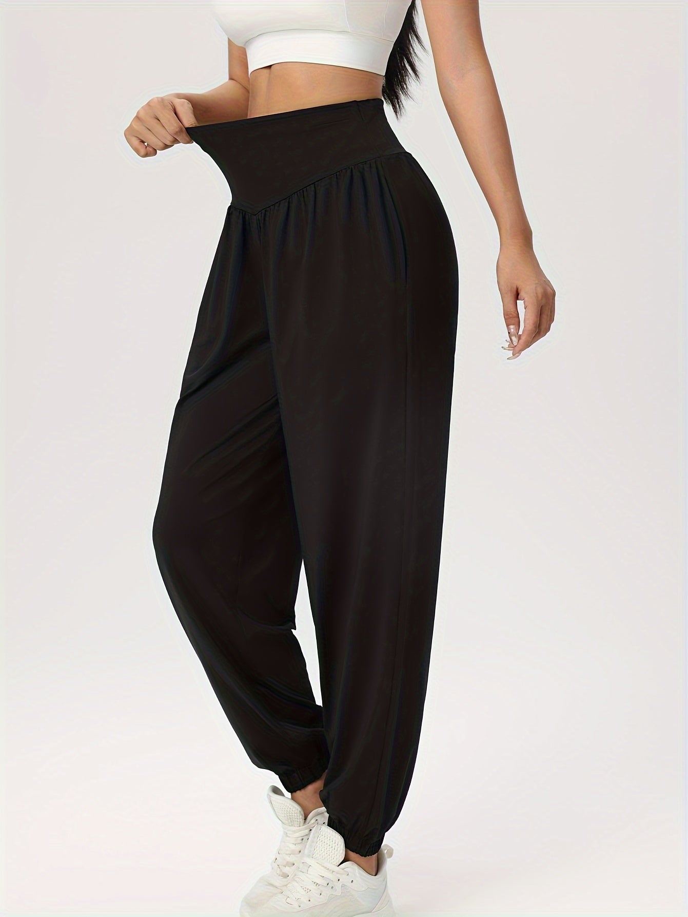 Women'S Casual Solid High-Waist Loose Lantern Pants, Daily Tummy Control Ankle-Cinching Yoga Fitness Athletic Trousers