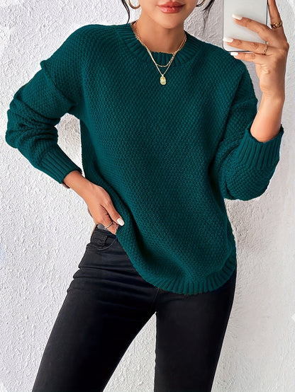 New Women's Solid Color Round Neck Pullover Sweater, Loose-Fit Simple Versatile Long Sleeve Pullover Sweater, Women's Sweater Top