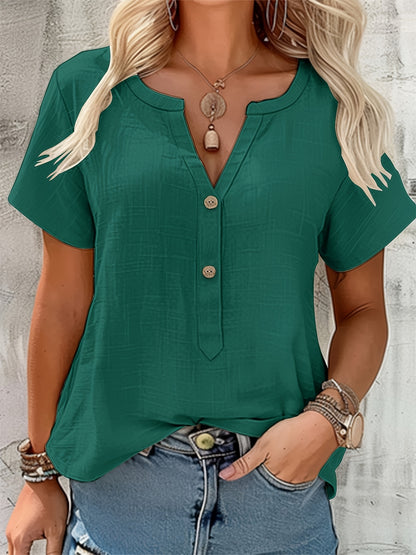 Effortless Textured Blouse for Women with Notch V Neck Short Sleeve Button Front Relaxed Style