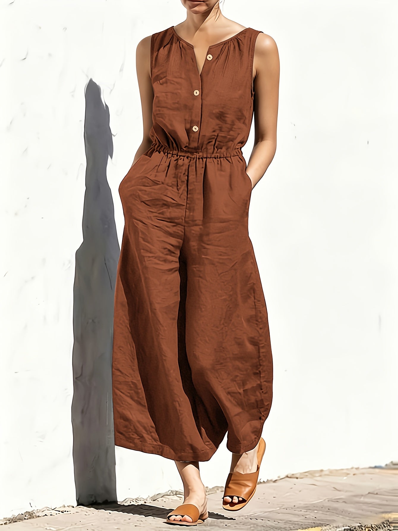 Commuting Style Navy Jumpsuit Sleeveless Button Waist Wide-Leg Casual Jumpsuit