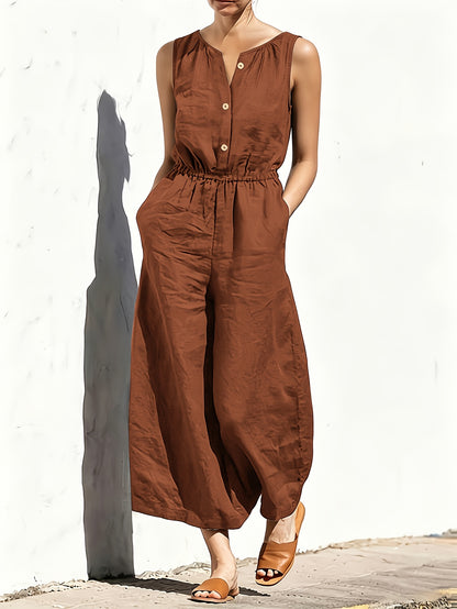 Commuting Style Navy Jumpsuit Sleeveless Button Waist Wide-Leg Casual Jumpsuit