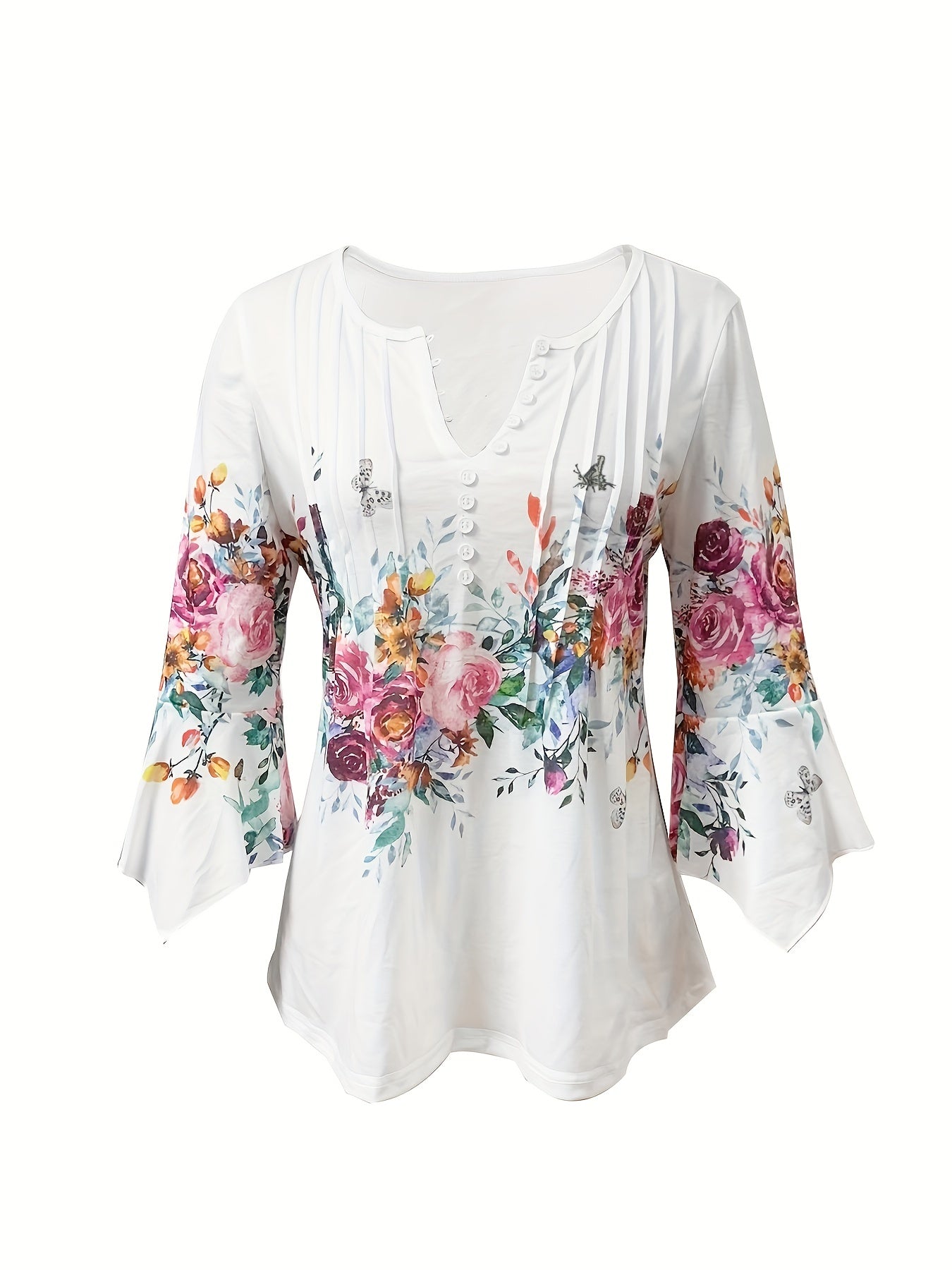 Elegant White Floral Blouse for Women with V Neck Bell Sleeve Button Front Flowing Style