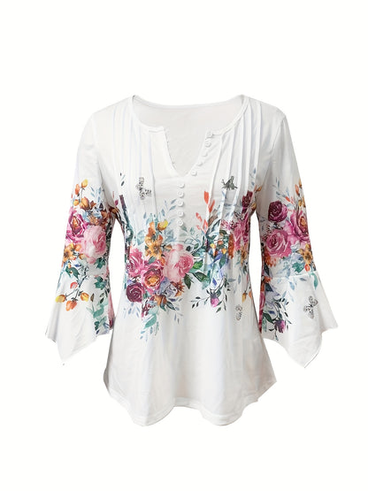 Elegant White Floral Blouse for Women with V Neck Bell Sleeve Button Front Flowing Style