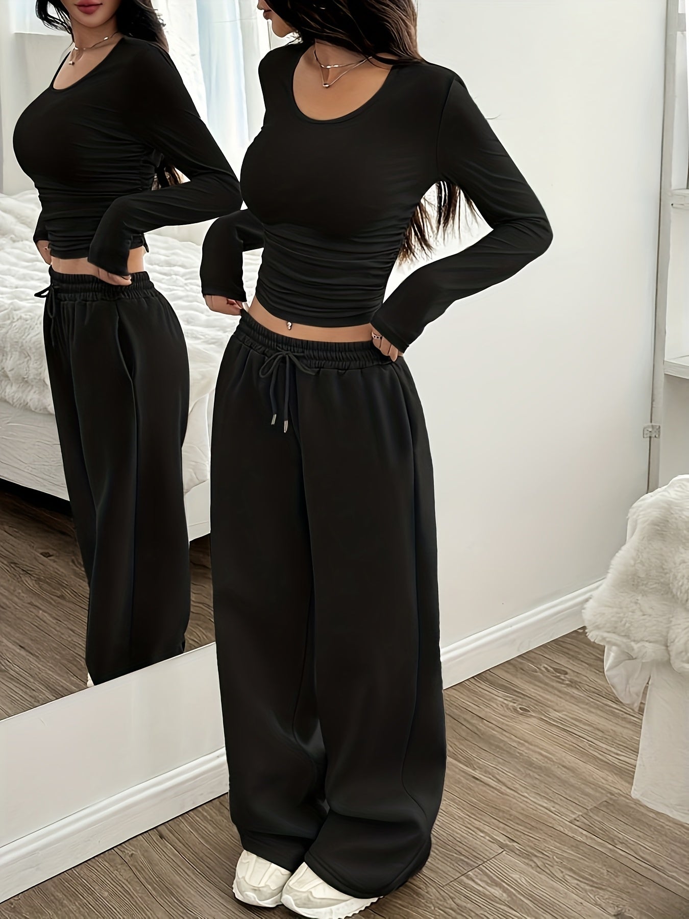 Oriented Elegant Ladies' Trousers Drawstring Pocket Design Solid Color Easy Versatile Sweatpants