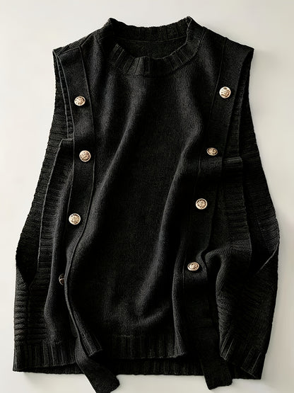 Comfortable Sweater Vest for Women with Round Neck Sleeveless Button Trim Relaxed Oversized Style