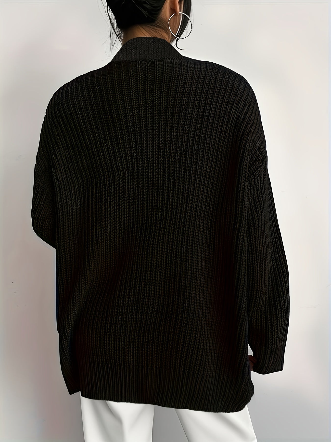 Comfortable Black Knit Cardigan for Women with Open Front Long Sleeve Pocket Oversized Style