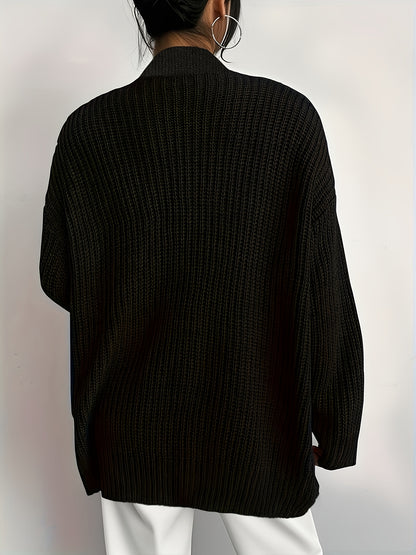 Comfortable Black Knit Cardigan for Women with Open Front Long Sleeve Pocket Oversized Style