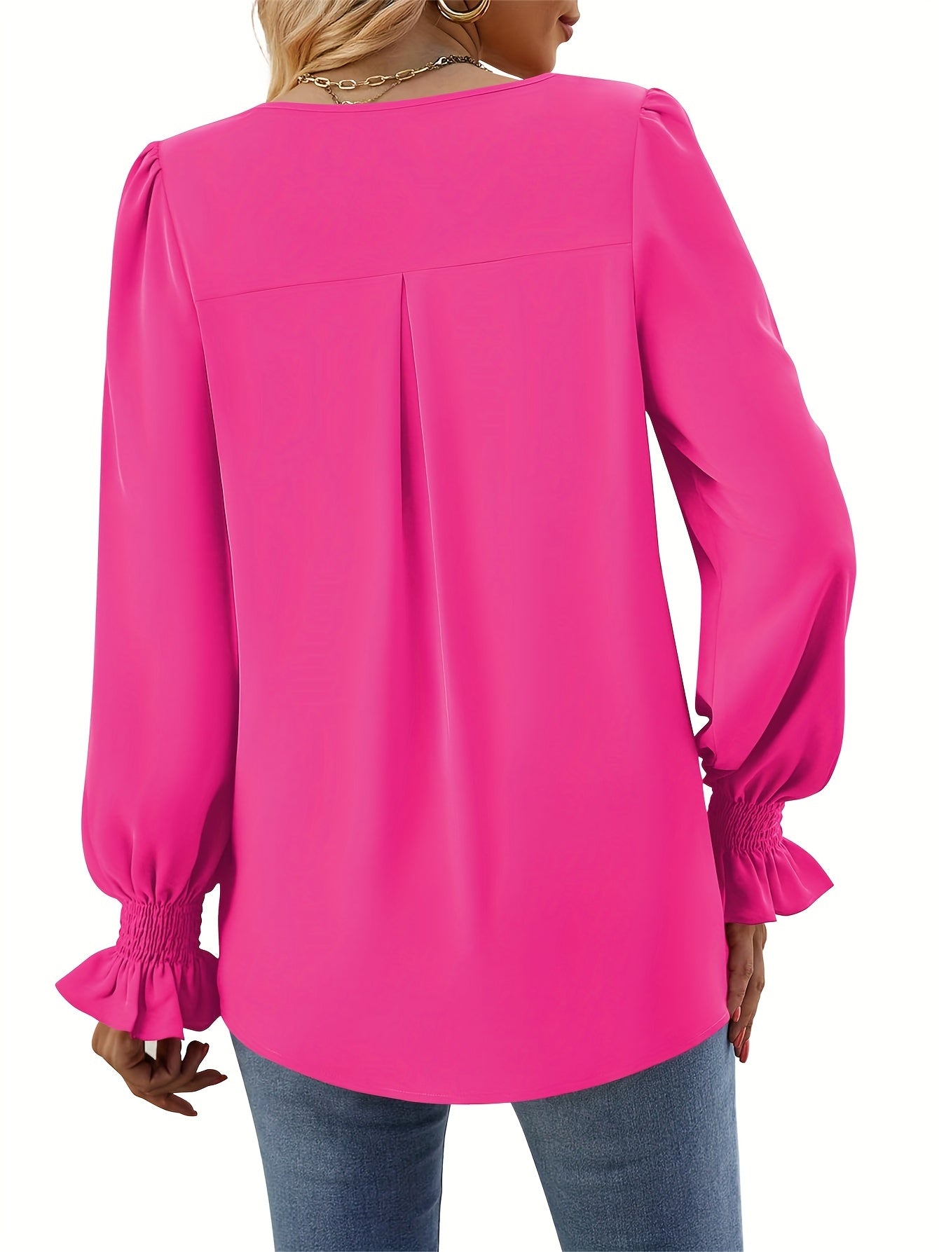 Effortless Blouse for Women with V Neck Balloon Sleeve Smocked Cuff Relaxed Style