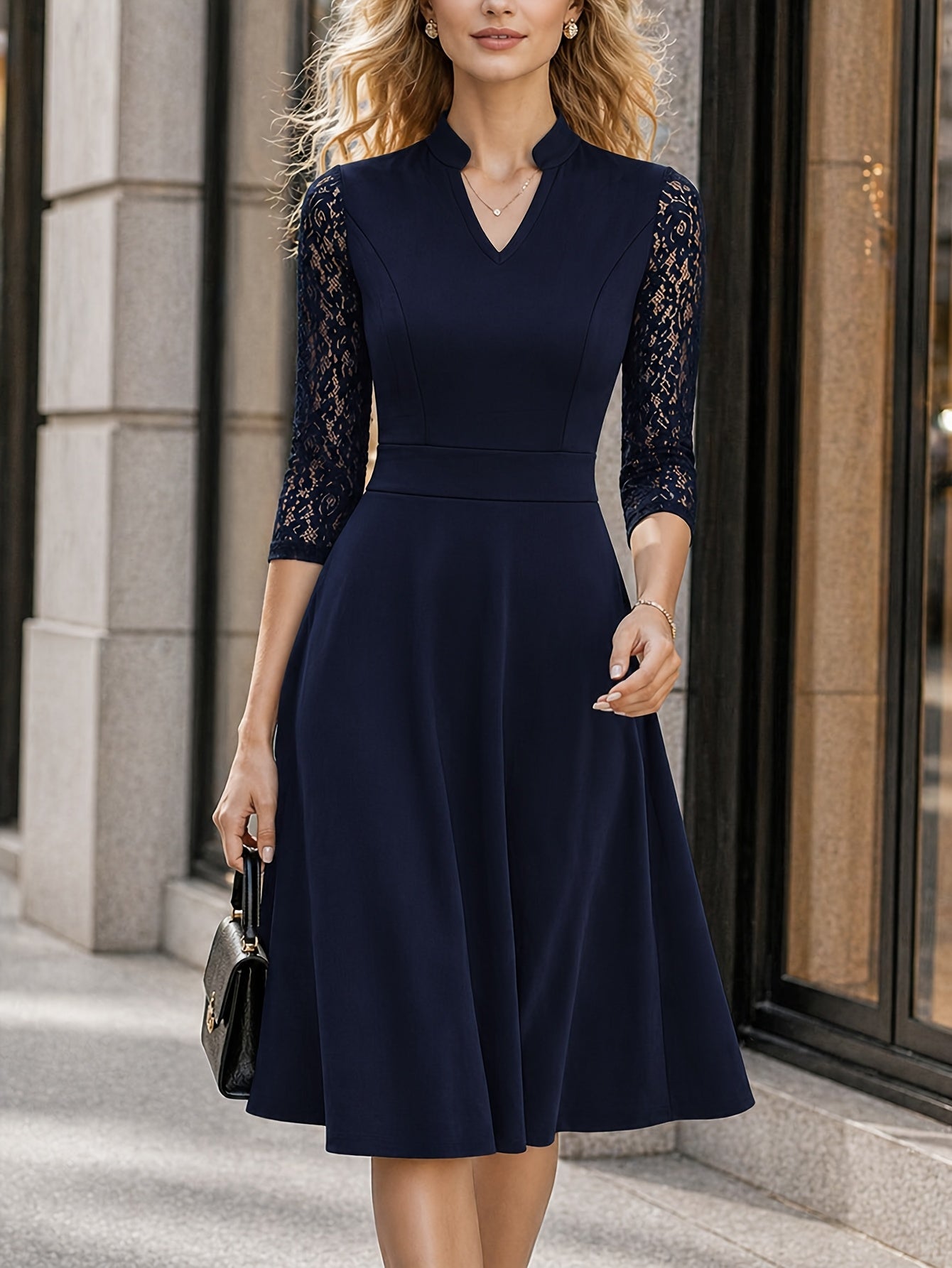 Elegant Lace Trim Midi Dress for Women with Notch Neck Three Quarter Sleeve Fit and Flare Cocktail Style
