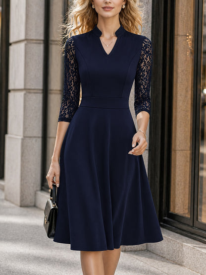 Elegant Lace Trim Midi Dress for Women with Notch Neck Three Quarter Sleeve Fit and Flare Cocktail Style