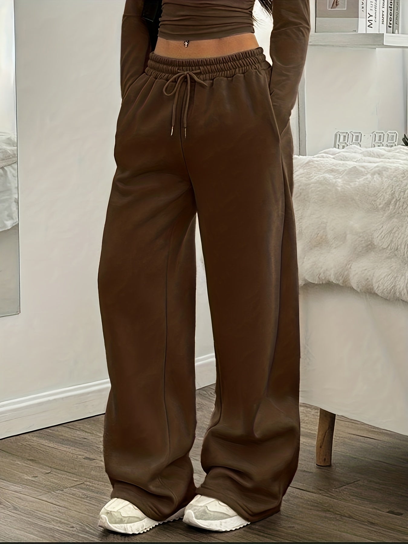 Women'S Fashion Casual Home Wear Trousers Autumn Winter Back to Solid Basic Style Office Loose Wide Leg Pants Easy Design Versatile