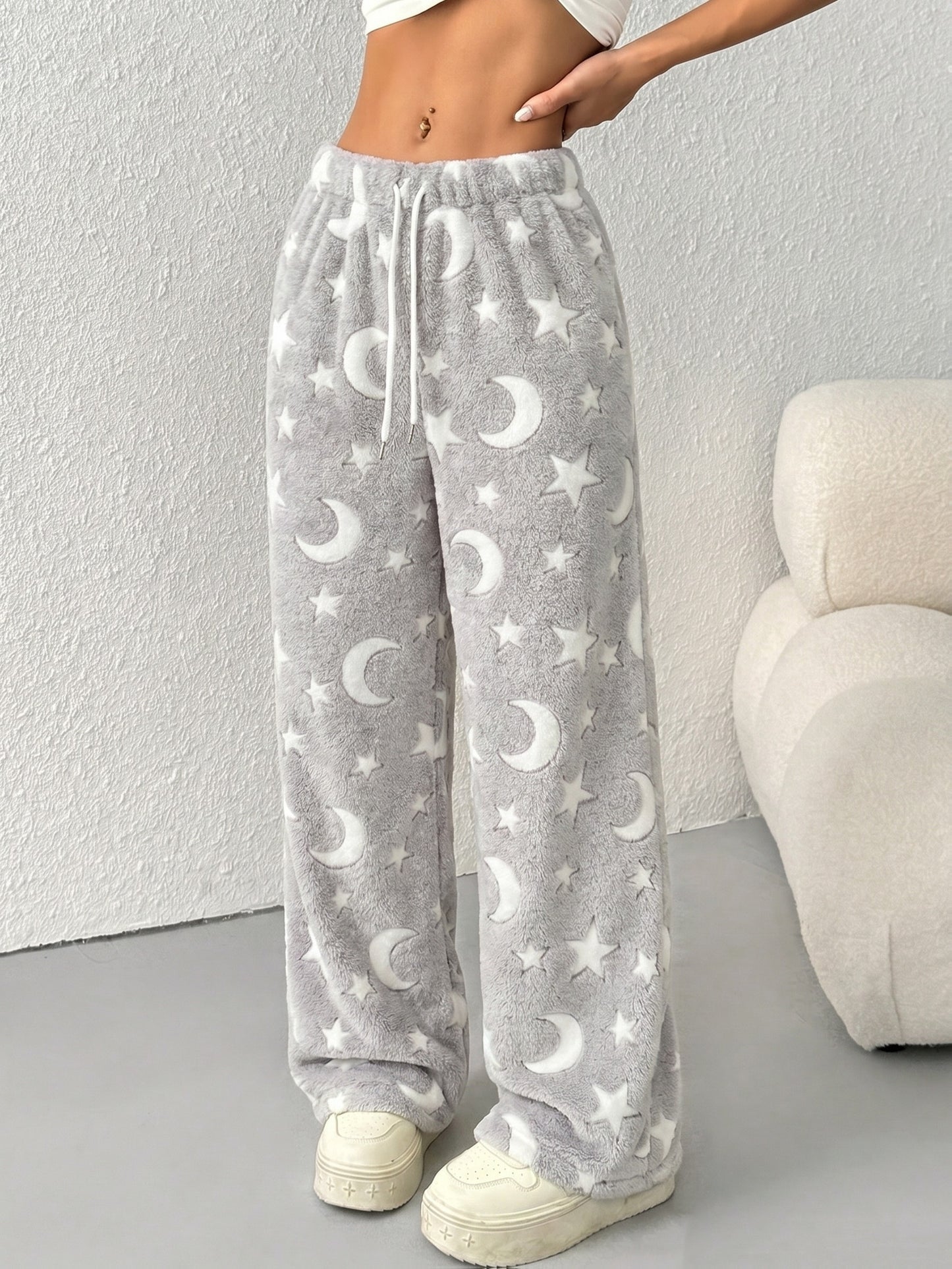 Women'S Autumn Winter Fleece Thickened Star Pattern Belt Drawstring Wide-Leg Long Pants Suitable for Outdoor Indoor Casual Plush Trousers Pants