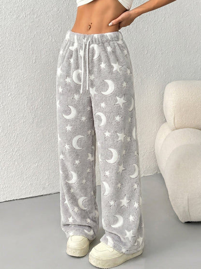 Women'S Autumn Winter Fleece Thickened Star Pattern Belt Drawstring Wide-Leg Long Pants Suitable for Outdoor Indoor Casual Plush Trousers Pants