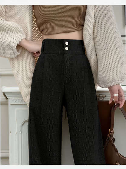 Elegant Herringbone Wide Leg Pants for Women with High Waist Button Front Pleated Tailored Style