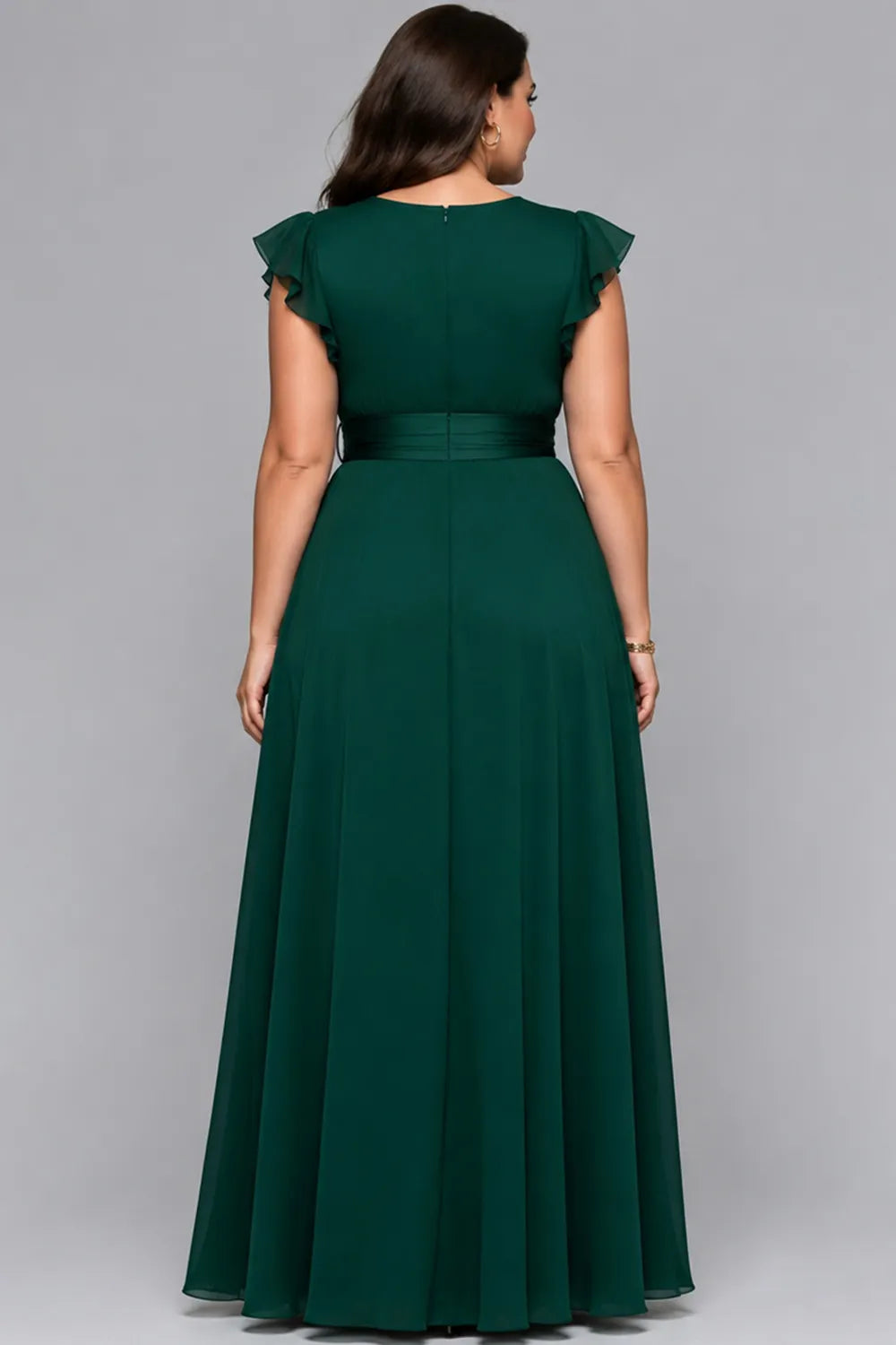 Elegant Dark Green Chiffon Maxi Dress for Women with V Neck Flutter Sleeve Wrap Tie Waist Flowing Formal Wedding Guest Style