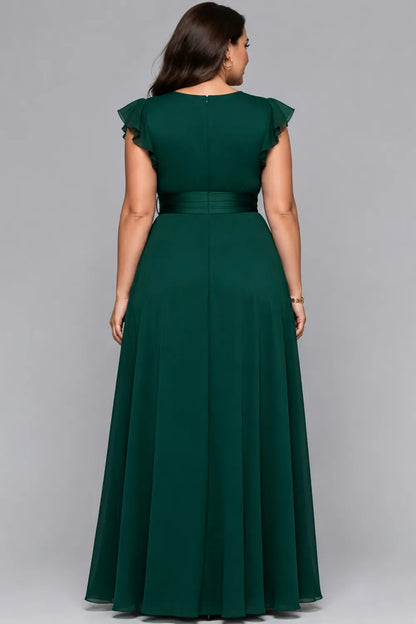 Elegant Dark Green Chiffon Maxi Dress for Women with V Neck Flutter Sleeve Wrap Tie Waist Flowing Formal Wedding Guest Style