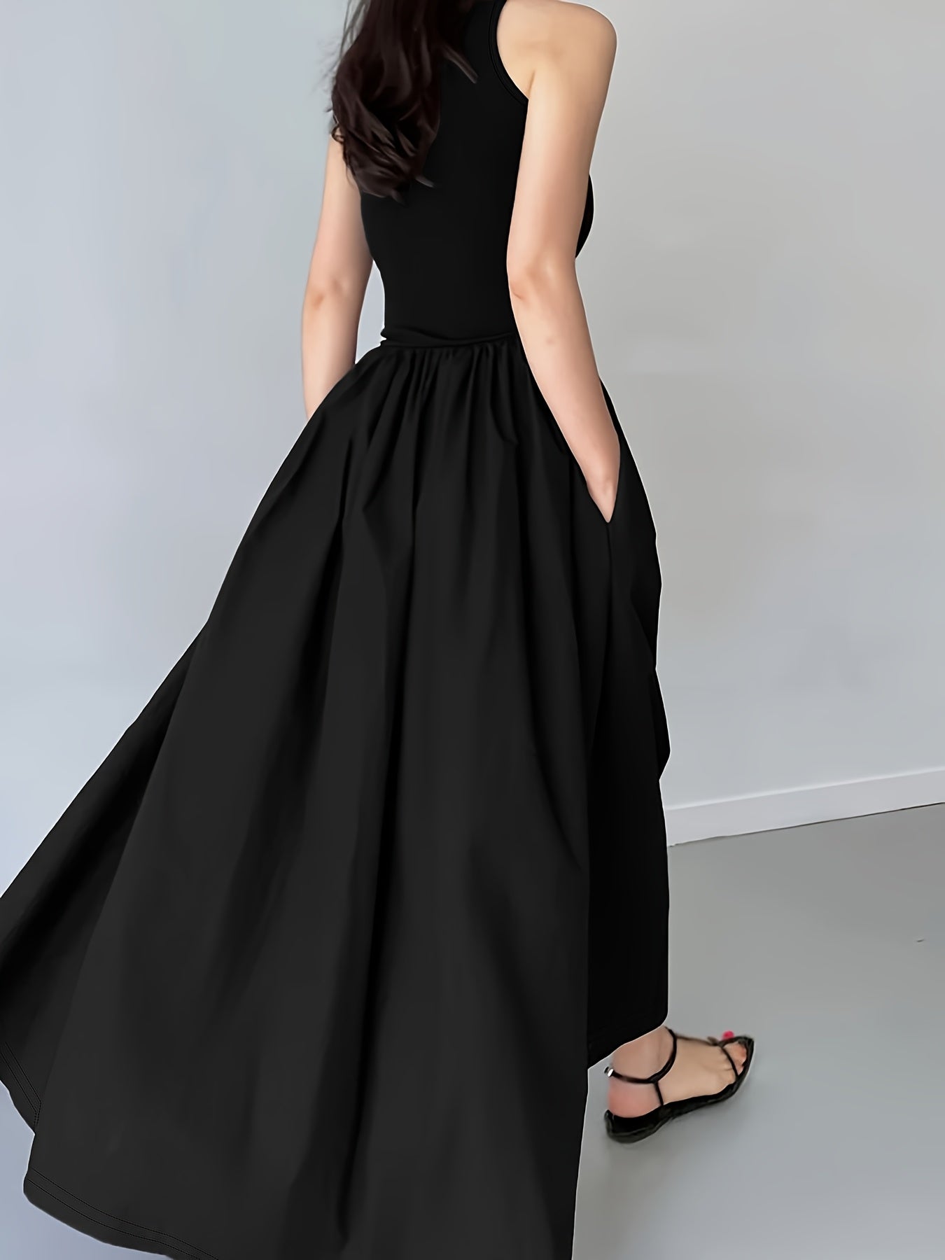 Women's Casual Sleeveless Midi Dress, Round Neck, Solid Color, Pleated A-line Skirt, Suitable for All Seasons