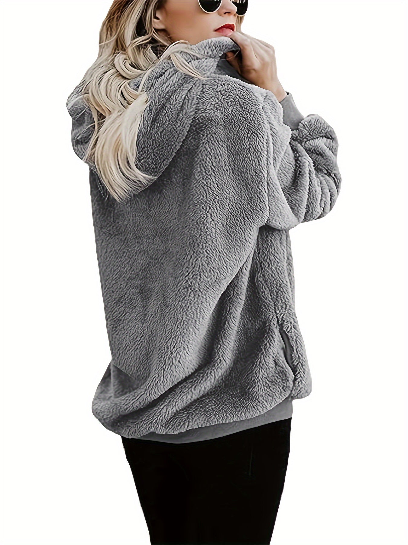 Comfortable Grey Sherpa Hoodie for Women with Hood Long Sleeve Quarter Zip Oversized Relaxed Style