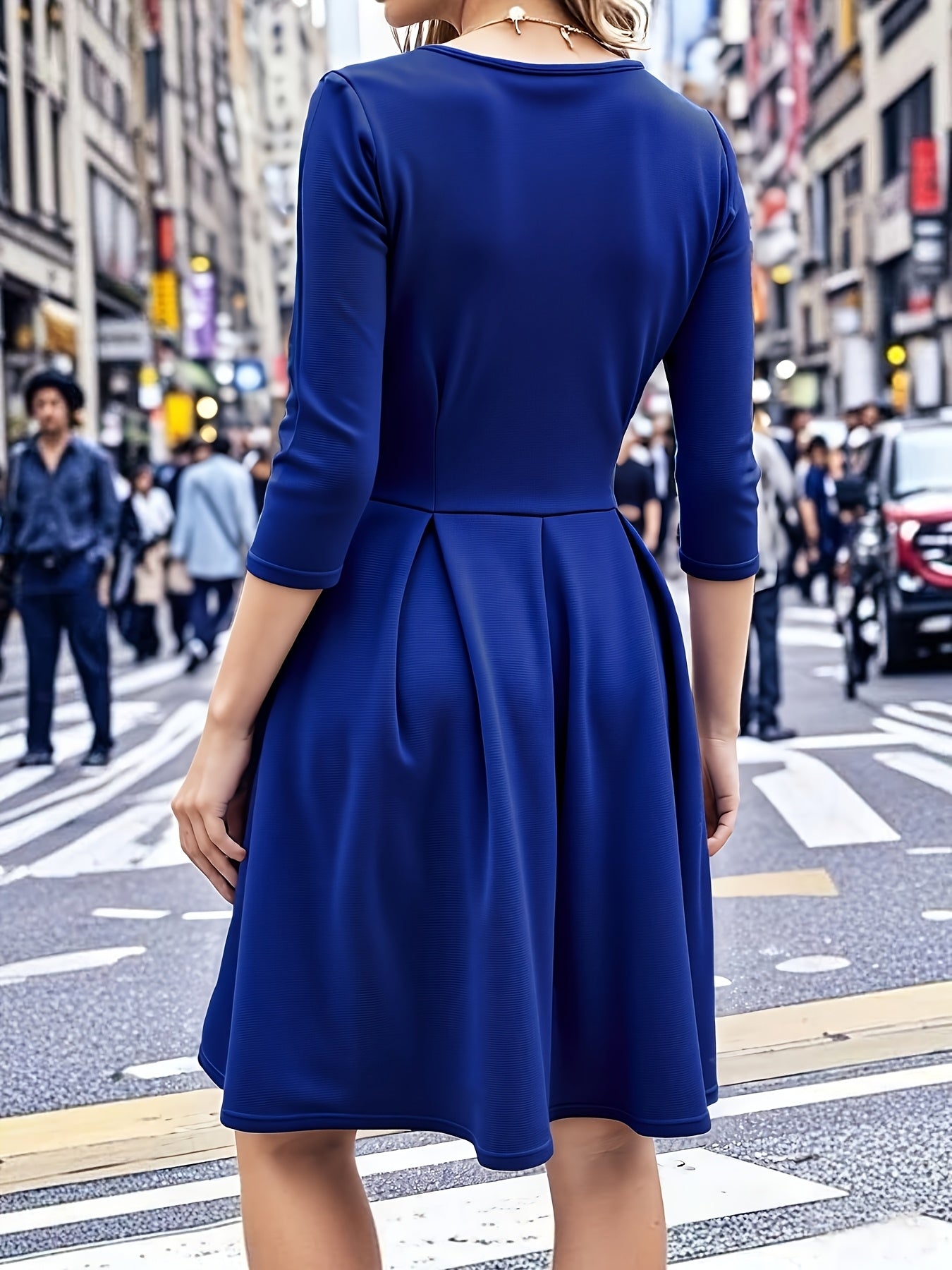 Elegant Royal Blue Midi Dress for Women with Sweetheart Neckline Elbow Sleeve Pleated Fit and Flare Style