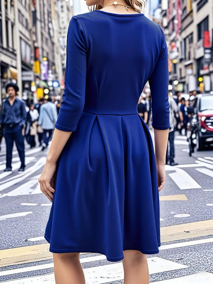 Elegant Royal Blue Midi Dress for Women with Sweetheart Neckline Elbow Sleeve Pleated Fit and Flare Style