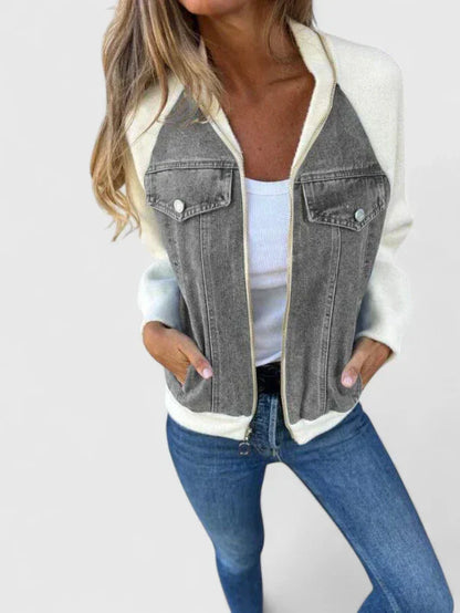 Effortless Denim Bomber Jacket for Women with Zip Front Long Sleeve Colorblock Casual Style