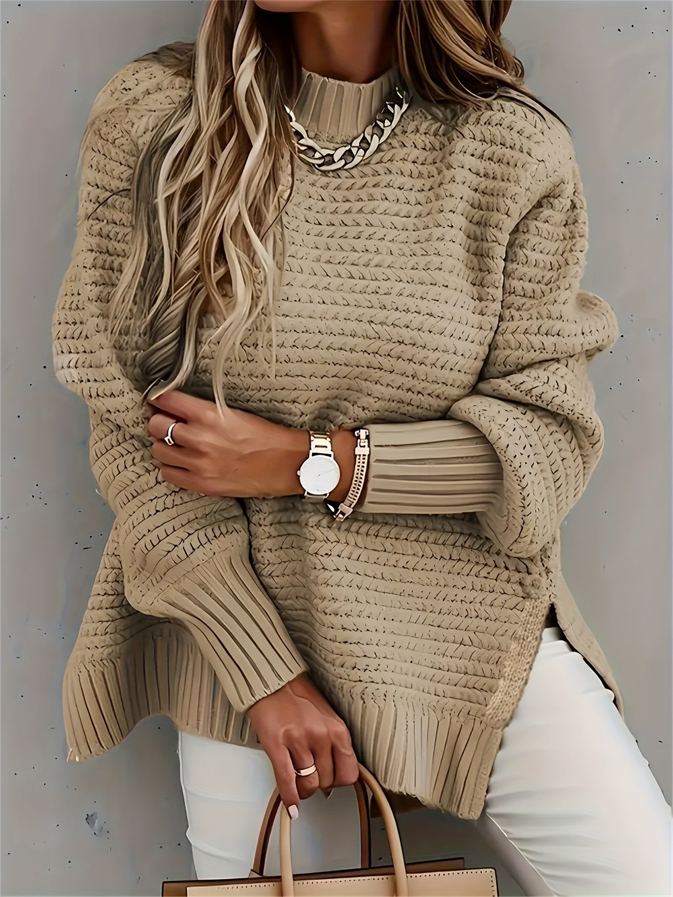 Comfortable Textured Knit Sweater for Women with High Neck Long Sleeve Relaxed Oversized Style