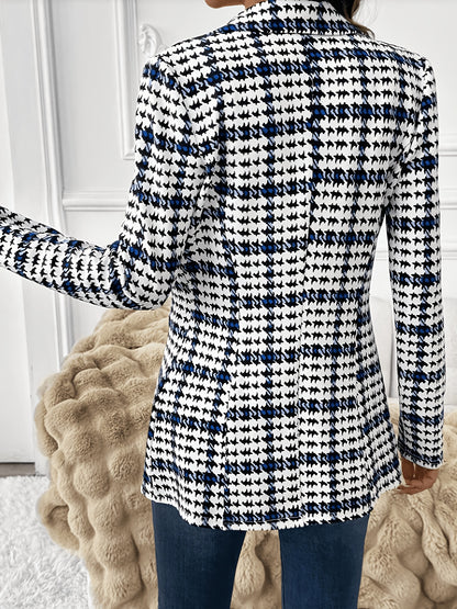 Elegant Black and Blue Houndstooth Blazer for Women with Notched Collar Long Sleeve Tailored Single Button Casual Style