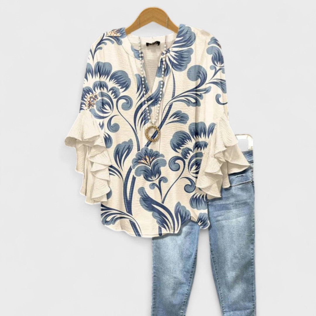 Effortless Floral Blouse for Women with V Neck Bell Sleeve Ruffle Flowing Bohemian Style